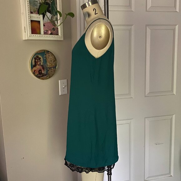 FOREVER 21 Teal Green Black lace trim Spaghetti strap MINI Dress *SMALL* - Picture 3 of 5